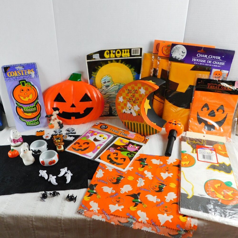 Halloween Decorations Lot of Chair Covers Felt Bells Bags Box Candles New & Used